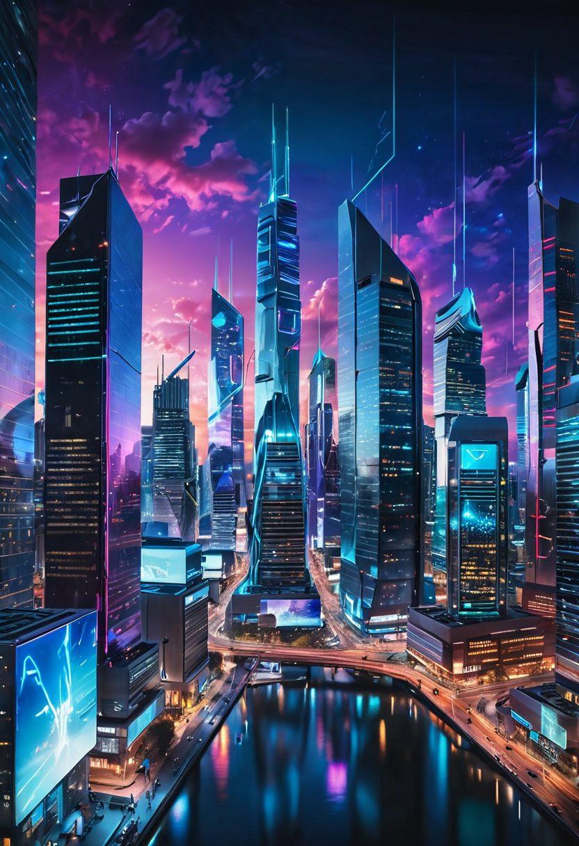 A futuristic cityscape showcasing sleek skyscrapers with integrated technology, digital networks flowing visibly through the air. In the foreground, a diverse group of IT professionals are engaged in a dynamic brainstorming session, surrounded by holographic displays of innovative network solutions and data management strategies. The sky is illuminated with vibrant colors representing data flow, symbolizing the unlocking of the future. super-realistic. vibrant colors. cyberpunk.