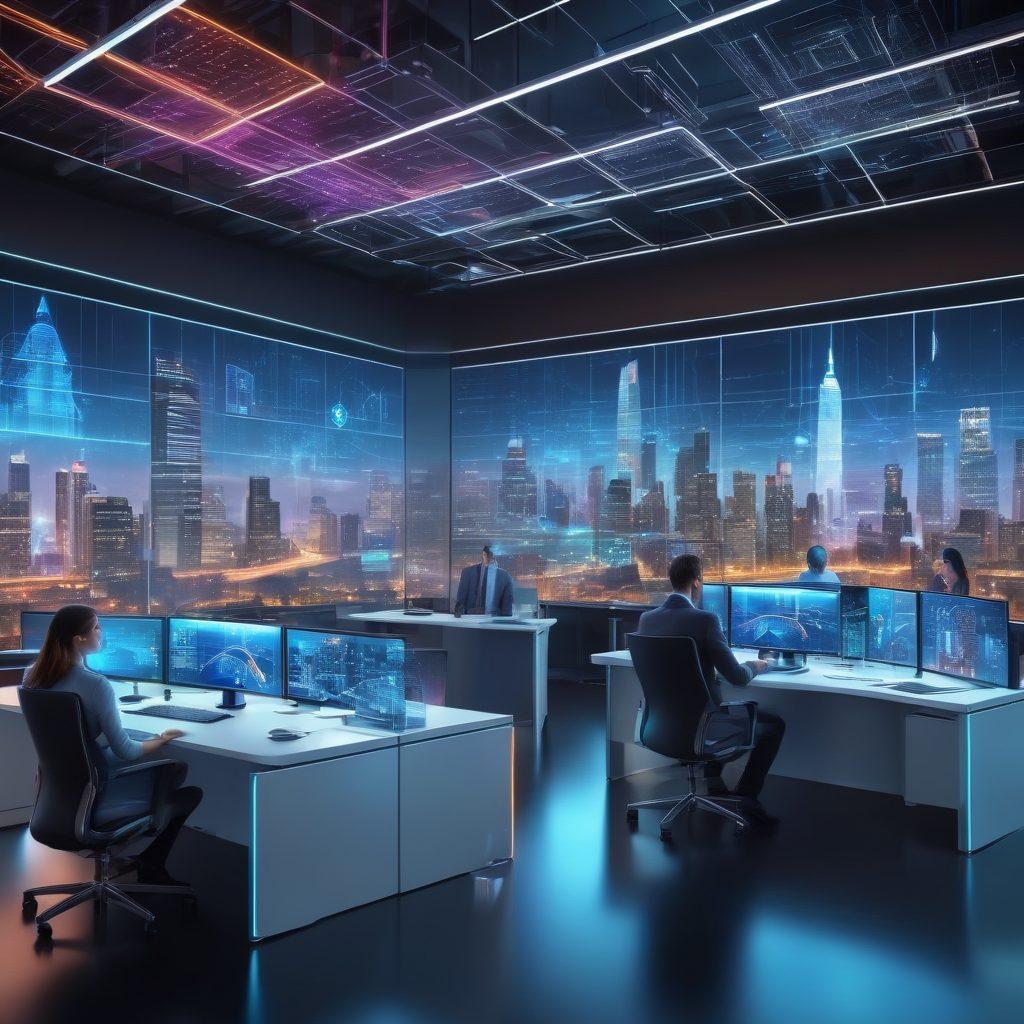 A futuristic office environment showcasing advanced network analytics on large holographic screens, filled with vibrant data streams and security shields. A diverse team of professionals interact with the technology, deep in discussion. The backdrop features city skyline infused with cybersecurity motifs. The overall atmosphere conveys innovation and security in a digital realm. super-realistic. vibrant colors. 3D.